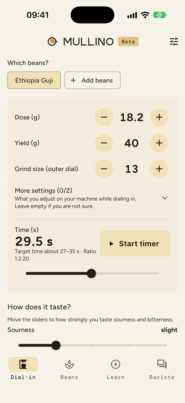 Mullino on iPhone: a shot with 18.2 g dose, 40 g yield, grind 13 and 29.5 seconds, slightly sour