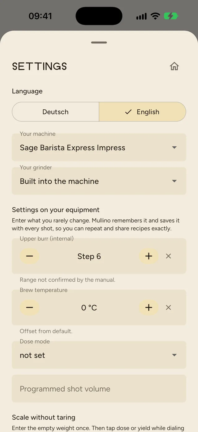 Settings in Mullino: machine, grinder and their settings such as burr and brew temperature
